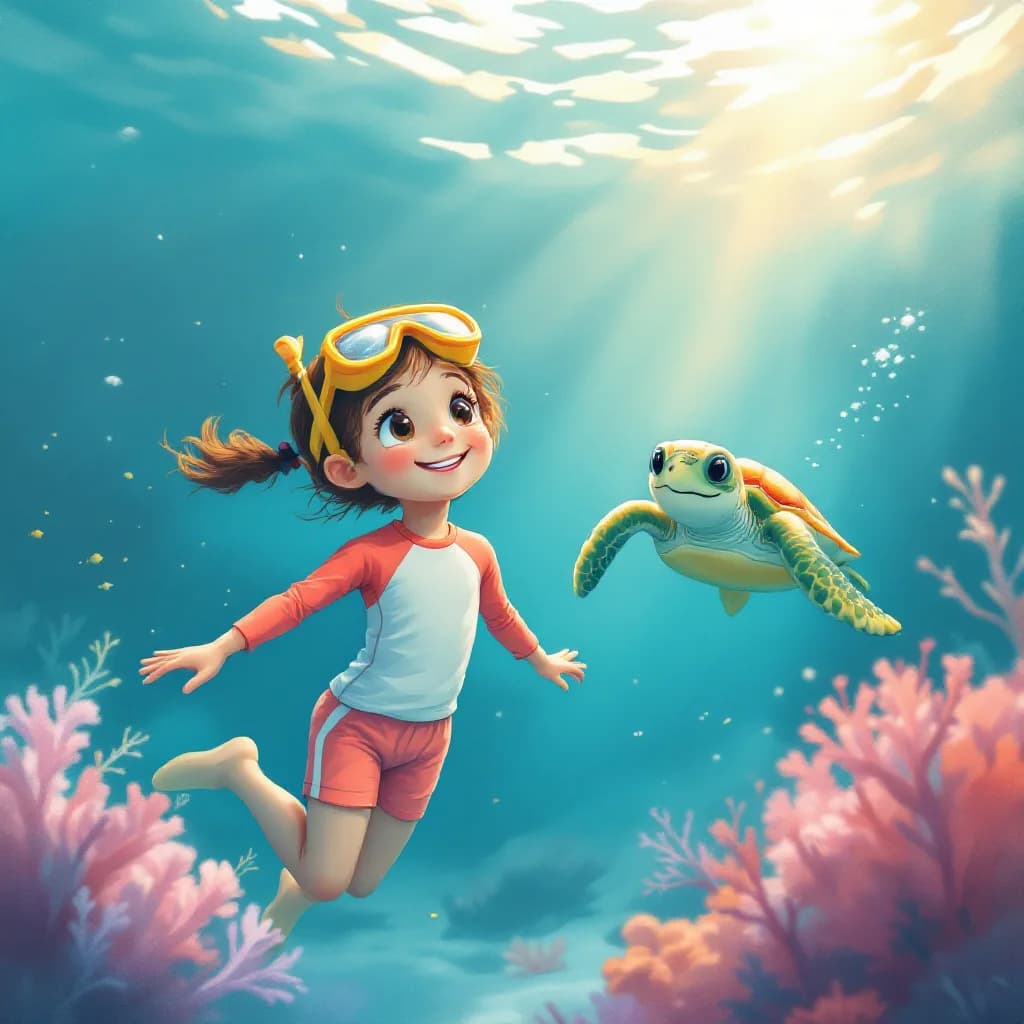 A child snorkelling alongside a smiling sea turtle