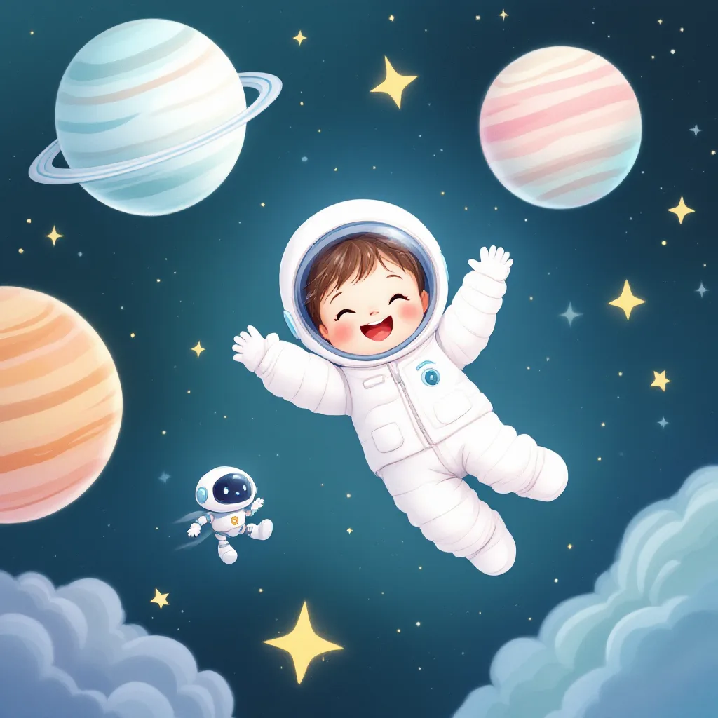 A child floating among friendly planets with a small robot companion